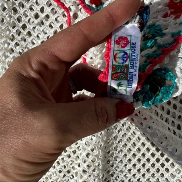 Crochet And Mesh Women’s Bathing Suit Coverup Dress, White And Floral, Size Lg - Picture 5 of 6